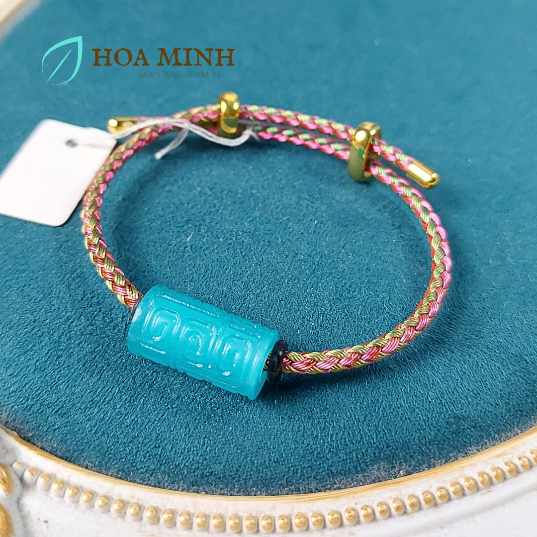Vòng tay sợi dây cáp phối lu thống đá Amazonite size 11x20 li chạm khắc hoa văn thanh lịch, thời trang