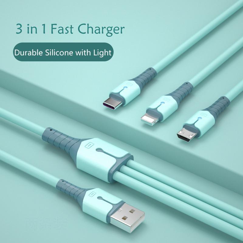 Dây cáp sạc nhanh 3 trong 1 Micro USB Type C và iPhone 5A có đèn LED 1m/ 1.5m