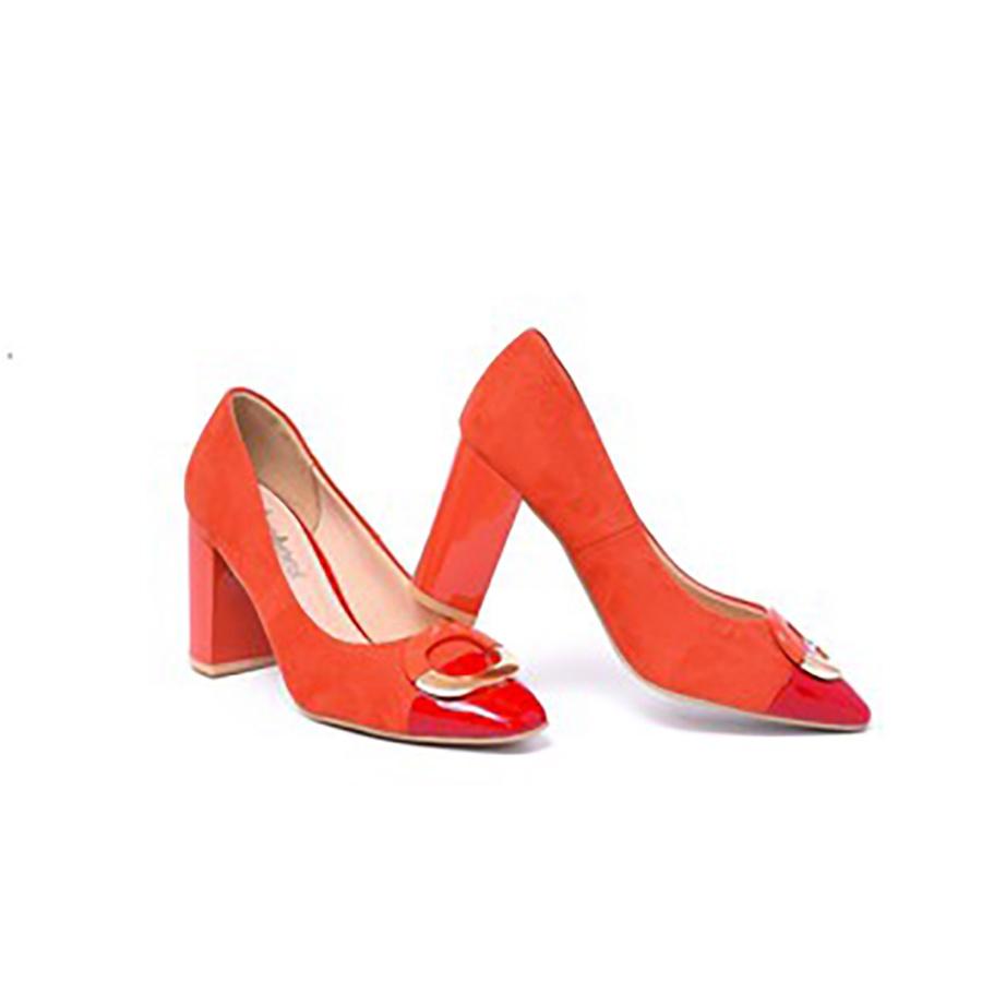 Giày cao gót nữ đế vuông mũi phối khuy kim loại da lộn 7cm Evashoes