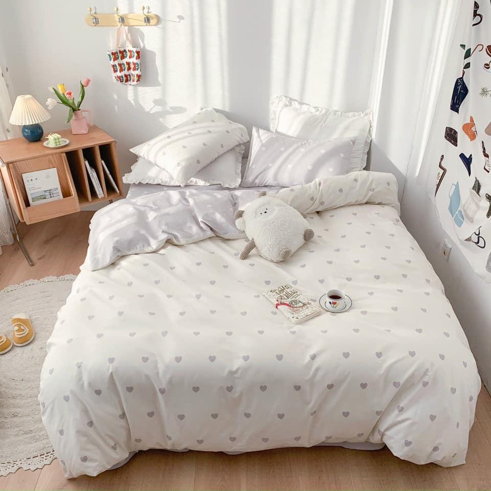 Bộ Chăn Ga Gối Cotton Poly Tim Trắng Phối Ghi