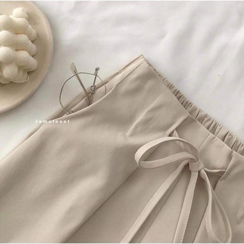 Quần ống rộng suông, Quần culottes nữ lưng cao thắt dây nơ lưng chun chất kaki thô