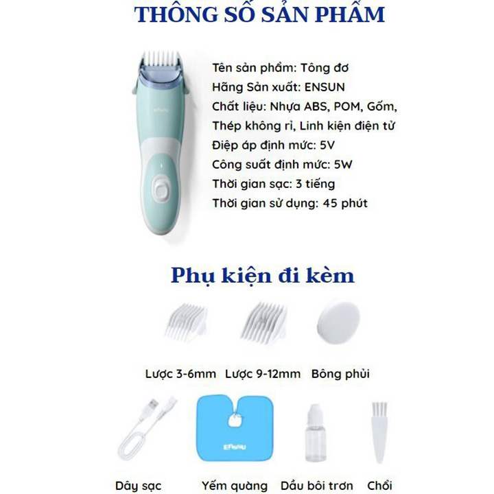 Tông đơ cắt tóc gia đình và cho bé ENSSUN tự động hút tóc , Chống nước cực tốt dễ dàng vệ sinh Tặng kèm dậu gội cho bé