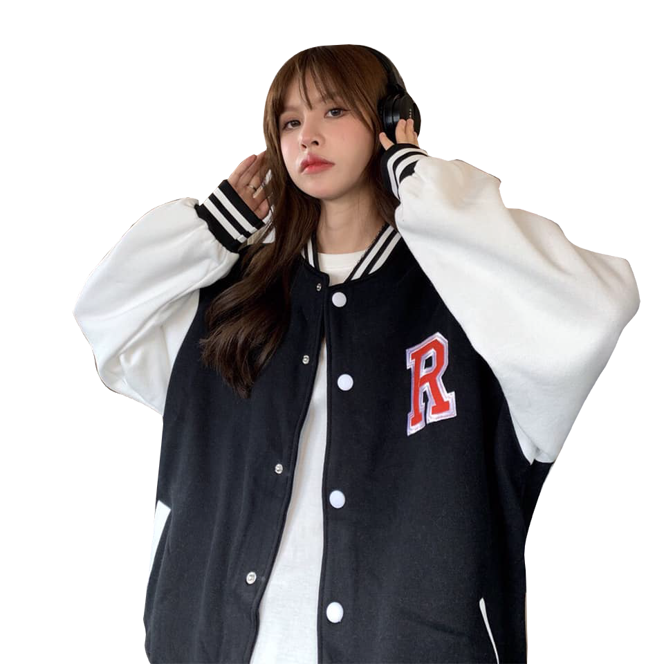 AK012 Áo bomber R 2 màu xanh đen tay trắng unisex dáng rộng, áo khoác nam nữ mùa đông form to tay bo cúc bấm cá tính