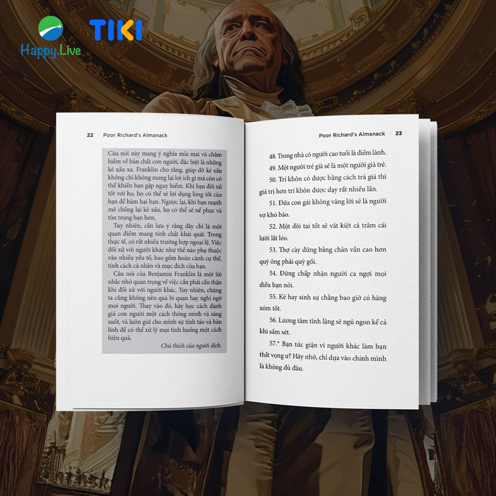 Sách Poor Richard's Almanack - Tuyển tập các câu châm ngôn và thành ngữ, và một bản phác họa ngắn về cuộc đời của Benjamin Franklin - Happy Live