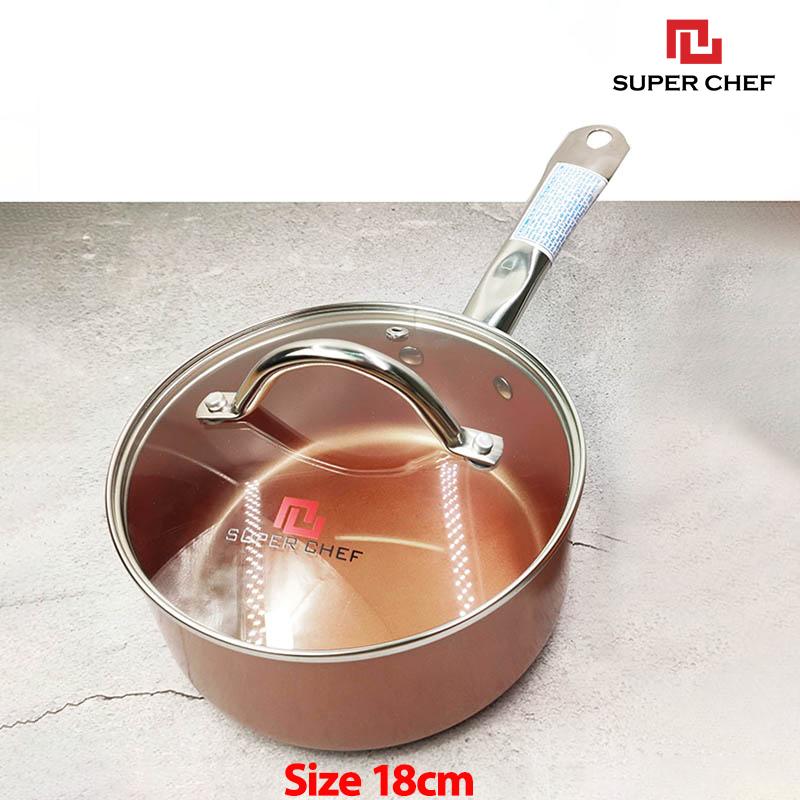 Nồi Chống Dính Ceramic Cán Dài Super Chef Cao Cấp Siêu Bền Bỉ Không Bong Tróc, Chống Ăn Mòn, Đảm Bảo An Toàn Sức Khỏe Kèm Nắp Kính ( Size 14, 18 cm)