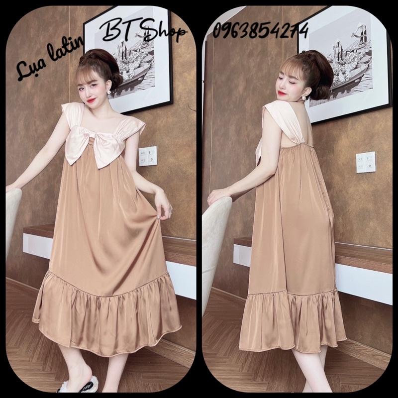 Váy đầm ngủ mặc nhà lụa latin nơ màu trơn freesize 42-57kg
