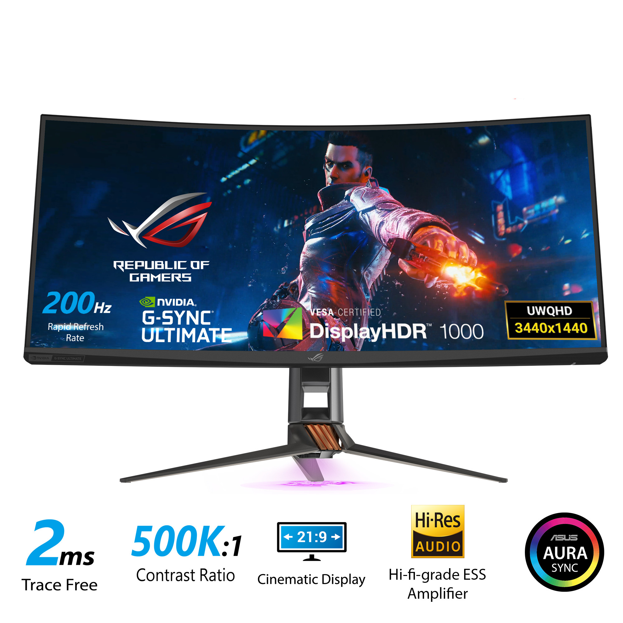 Màn Hình Chuyên Game HDR Siêu Rộng ASUS ROG Swift PG35VQ 35” 21:9 UWQHD (3440 x 1440) 2ms 200Hz VA G-Sync Ultimate Eye Care DisplayPort HDMI USB Aura Sync HDR10 Display HDR 1000 - Hàng Chính Hãng