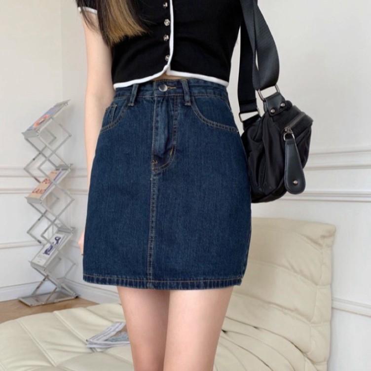 VÁY QUẦN JEAN CO GIÃN Dài 46cm - Chân Váy Có Quần Trong - Xanh Đá Đậm Lưng Cao