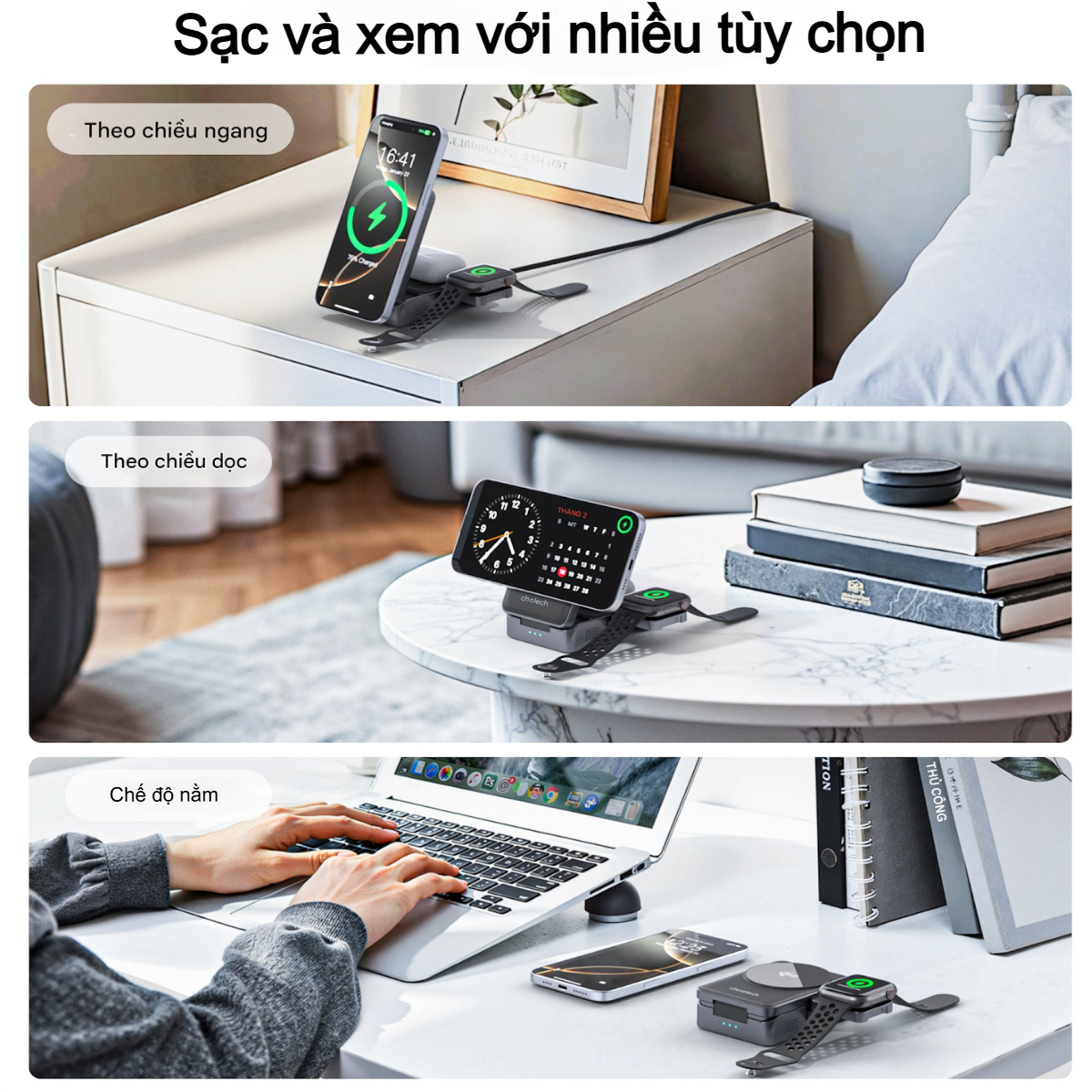 Đế sạc nhanh không dây 3 in 1 gấp gọn 15W Choetech T637 chuẩn Qi2 dùng cho điện thoại, tai nghe và đồng hồ thông minh - Hàng chính hãng)