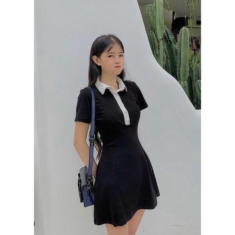 Đầm polo đen viền cổ trắng