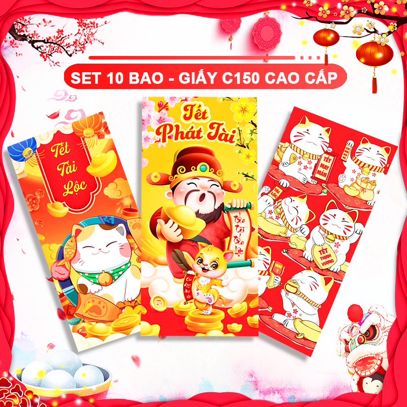 Bao lì xì Quý Mão 2023 cao cấp BBShine, Set 10 bao lì xì Tết dày dặn họa tiết in sắc nét – LX005