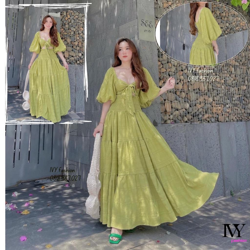 Sét đầm váy maxi đũi lót lụa tay phồng xanh bơ nhiều kiểu Ivy.fashion đi biển dự tiệc dạo phố bigsize gợi cảm sexy