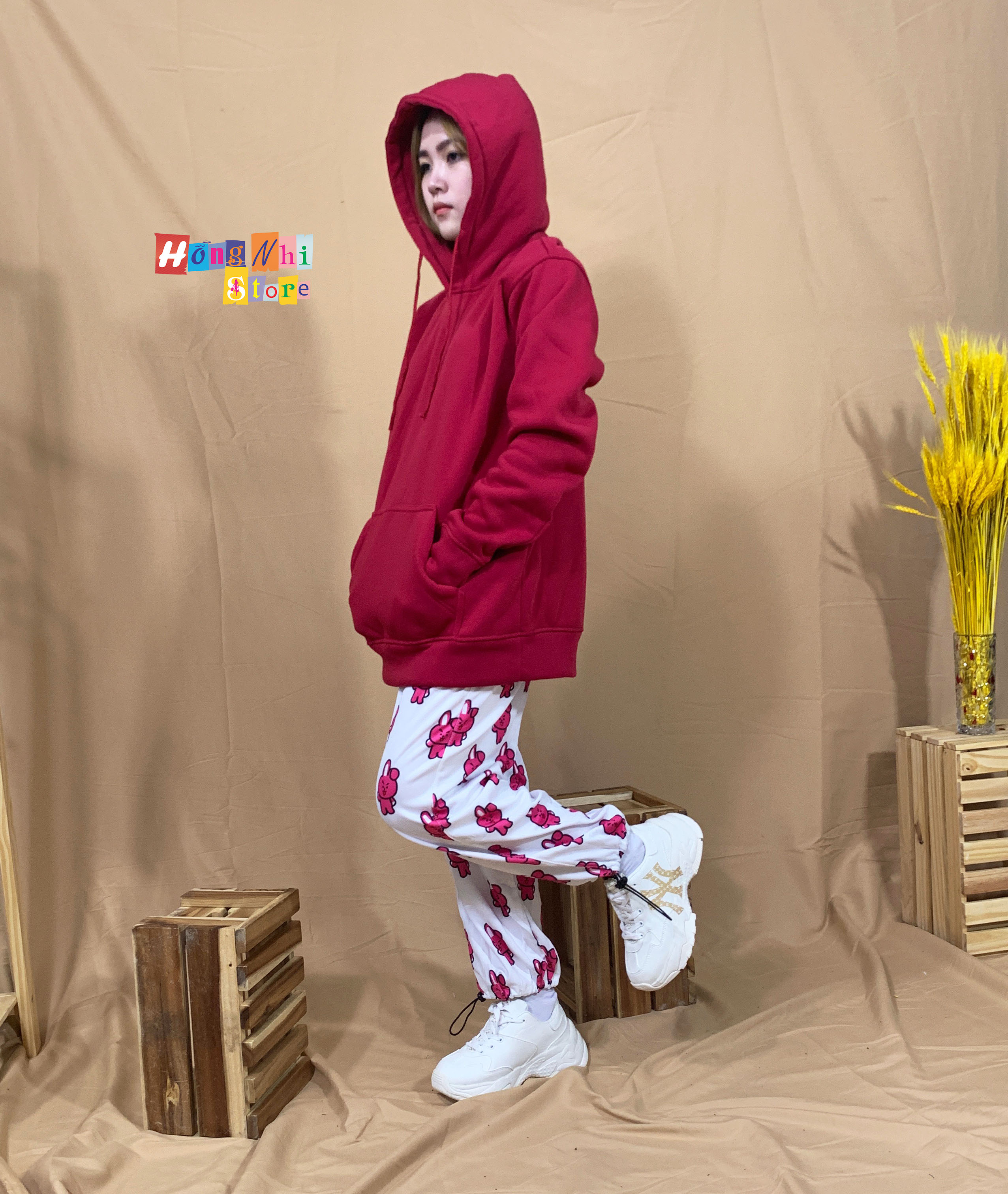 Quần Hoạt Hình Dài Dây Rút Lai Thỏ Hồng Cartoon Pant Oversize Ulzzang Unisex - MM