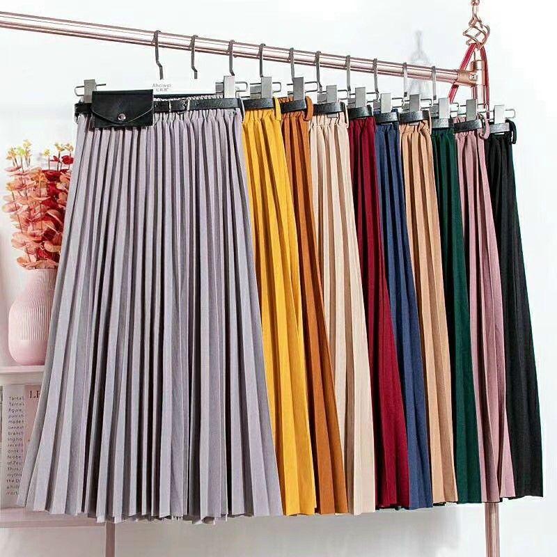 Chân váy xếp ly kèm đai túi da QC