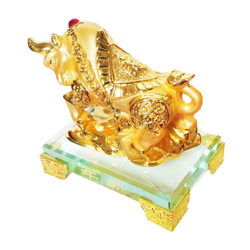 TƯỢNG CHÚ TRÂU VÀNG  ĐẾ THỦY TINH CAO CẤP - Trâu Vàng Kim Tiền