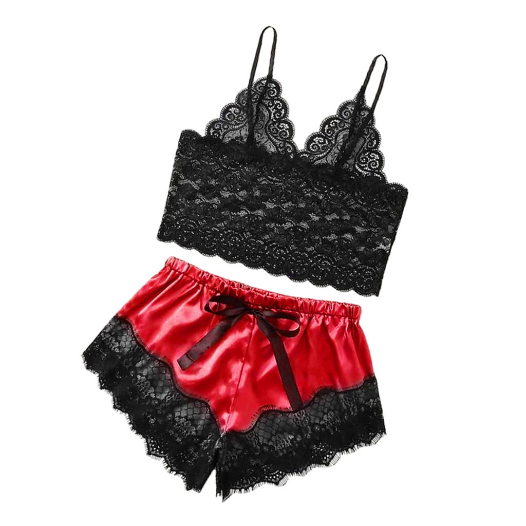 Women Sexy Lace Vest Crop Tops Panty Lingerie Sleepwear Red S