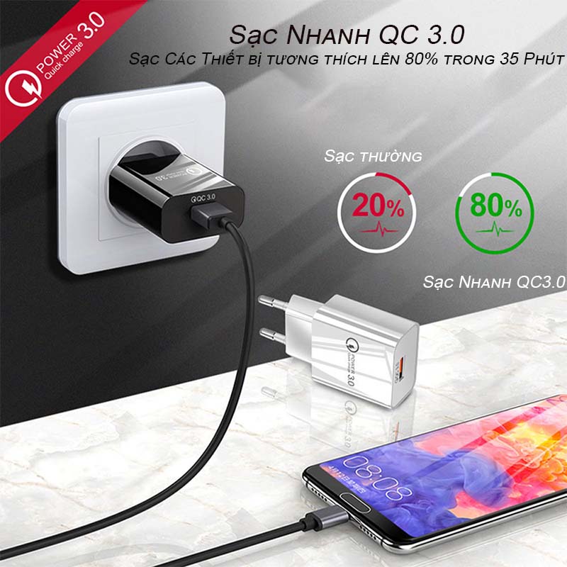 Hình ảnh Củ Sạc Nhanh 20W Cao Cấp Quick Charge 3.0 Đen Trắng Hỗ Trợ Sạc Nhanh Cho Điện Thoại Android Phụ Kiện Tai Nghe Bluetooth Cáp Sạc Pin Dự Phòng - ML033