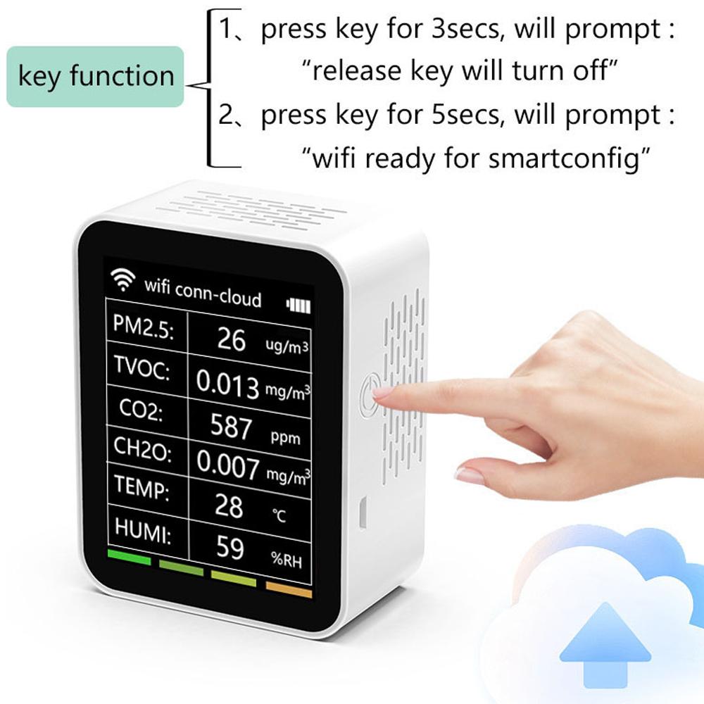 Tuya WiFi Portable Home Office Indoor Desktop Air Quality Detector 6 In 1 Multifunctional Detector PM2.5 TVOC CO2 CH2O Temperature Humidity Detecting Intelligent Linkage Mobilephone APP Remotes Viewing