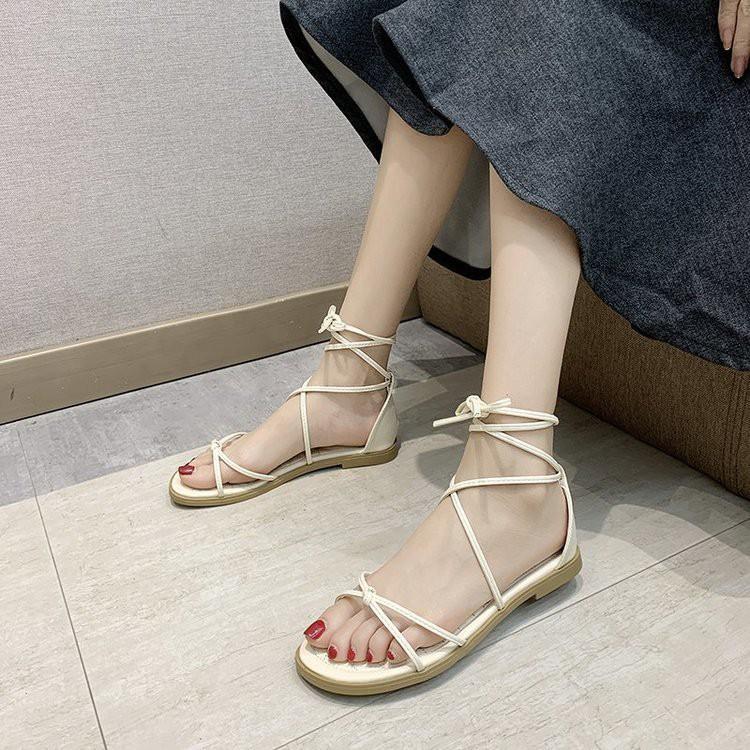 Sandal dây cột tự buộc quai chéo da mềm, đế dẻo đi êm chân, 2 màu Kem + Đen xinh xắn cho nữ - Mã S55