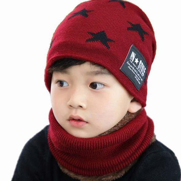 Set mũ len kèm khăn hình ngôi sao lót lông dày dặn cho bé trai bé gái từ 3 đến 7 tuổi SHOPSIEURE88