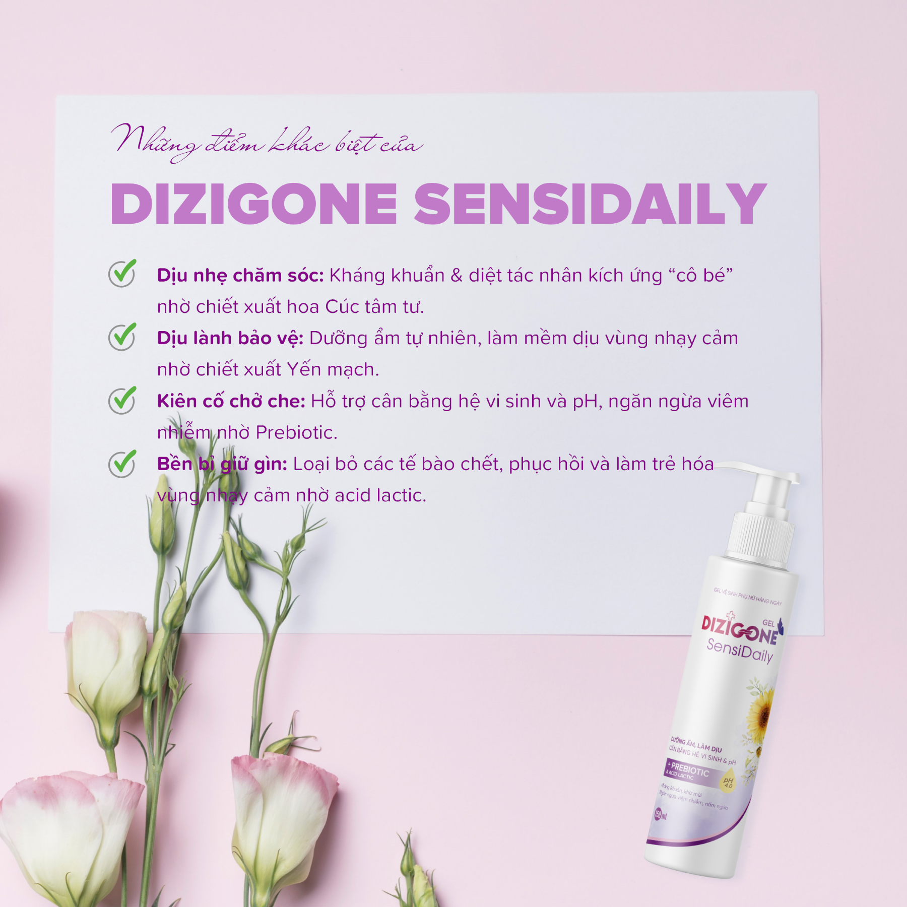 Gel vệ sinh phụ nữ DIZIGONE Sensidaily 150ml: Kháng khuẩn, làm mềm dịu, cân bằng hệ vi sinh & pH