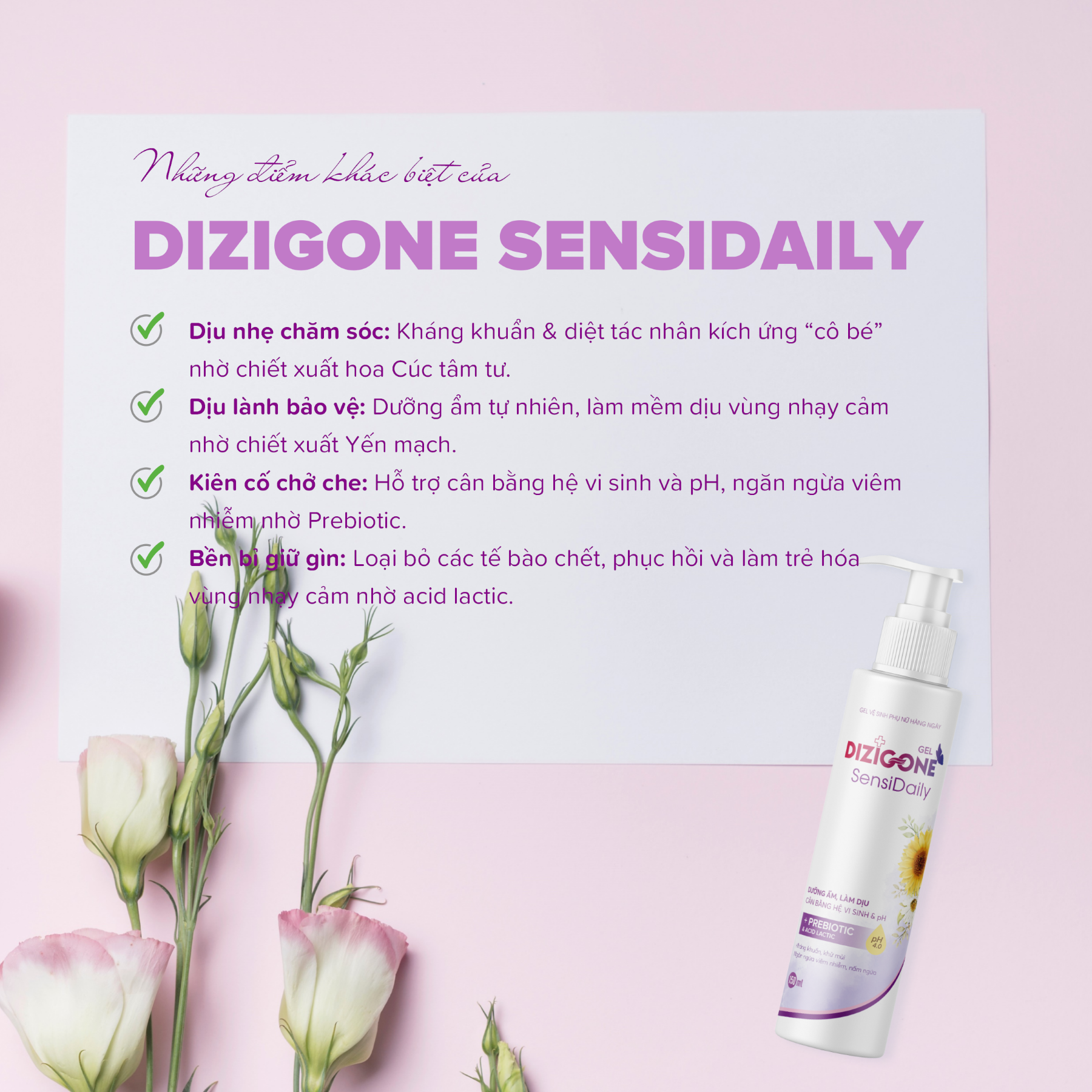 Gel vệ sinh phụ nữ DIZIGONE Sensidaily 150ml: Kháng khuẩn, làm mềm dịu, cân bằng hệ vi sinh &amp; pH