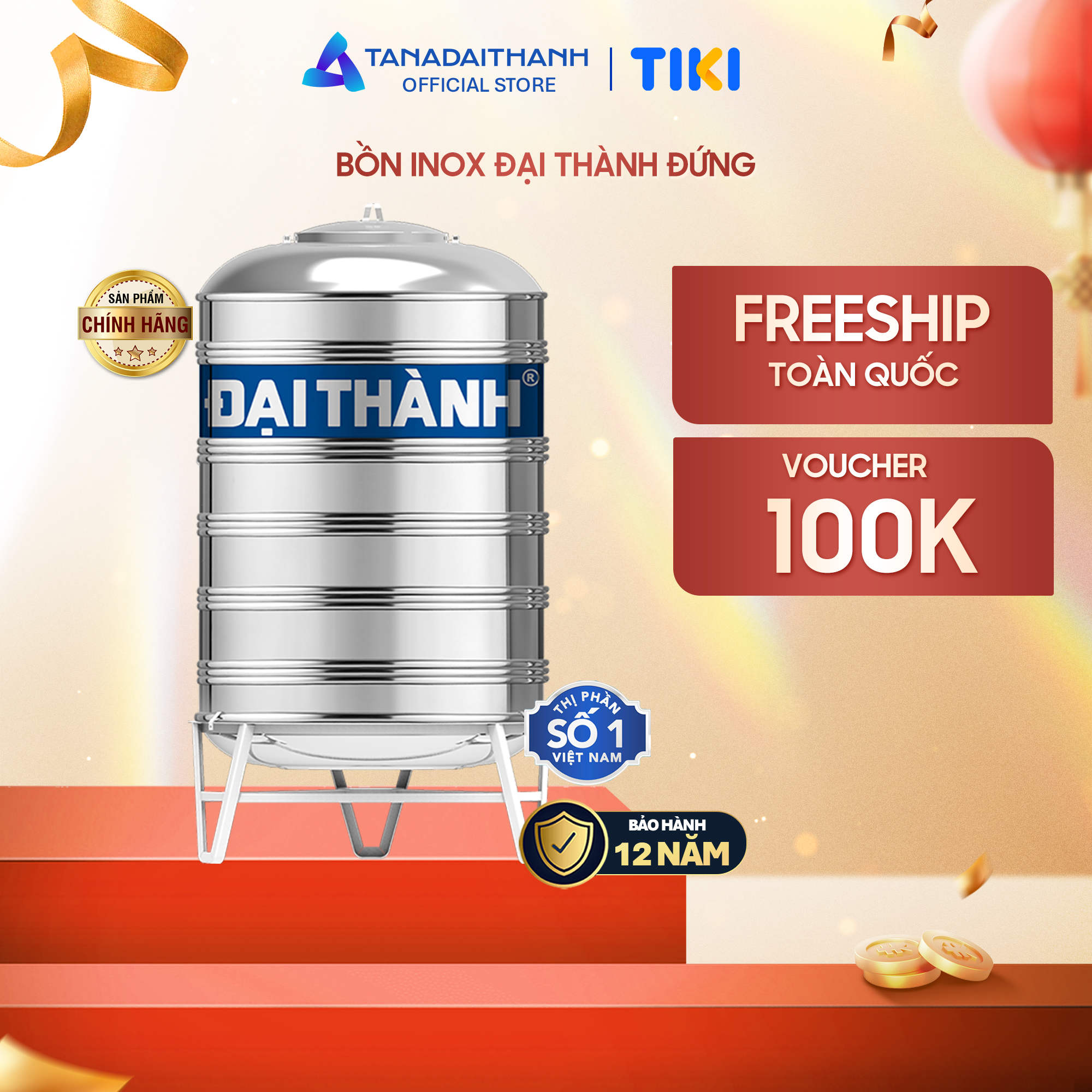 Bồn nước inox Đại Thành Đứng (500L, 1000L, 1500L, 2000L) - SUS 304, Hàng chính hãng (Chỉ bán tại khu vực miền Nam)