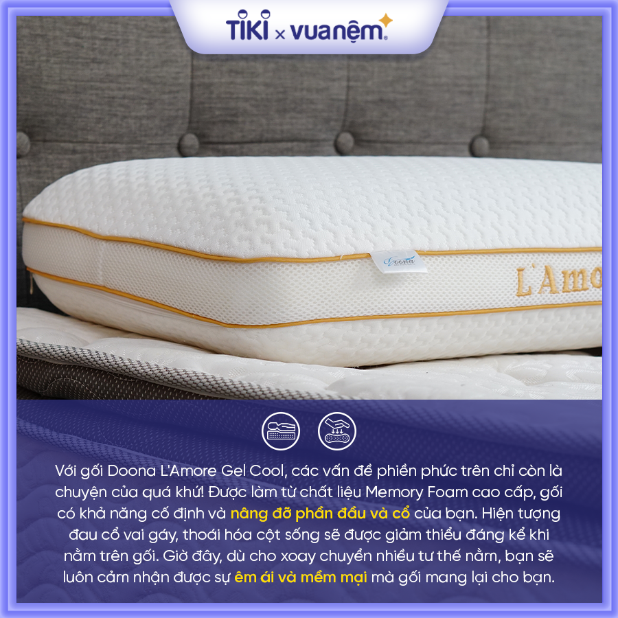 Gối cao cấp Memory Foam Doona L'Amore Gel Cool 35x55cm nâng đỡ đốt sống cổ, kết hợp Gel Silicone massage thư giãn êm ái bất ngờ