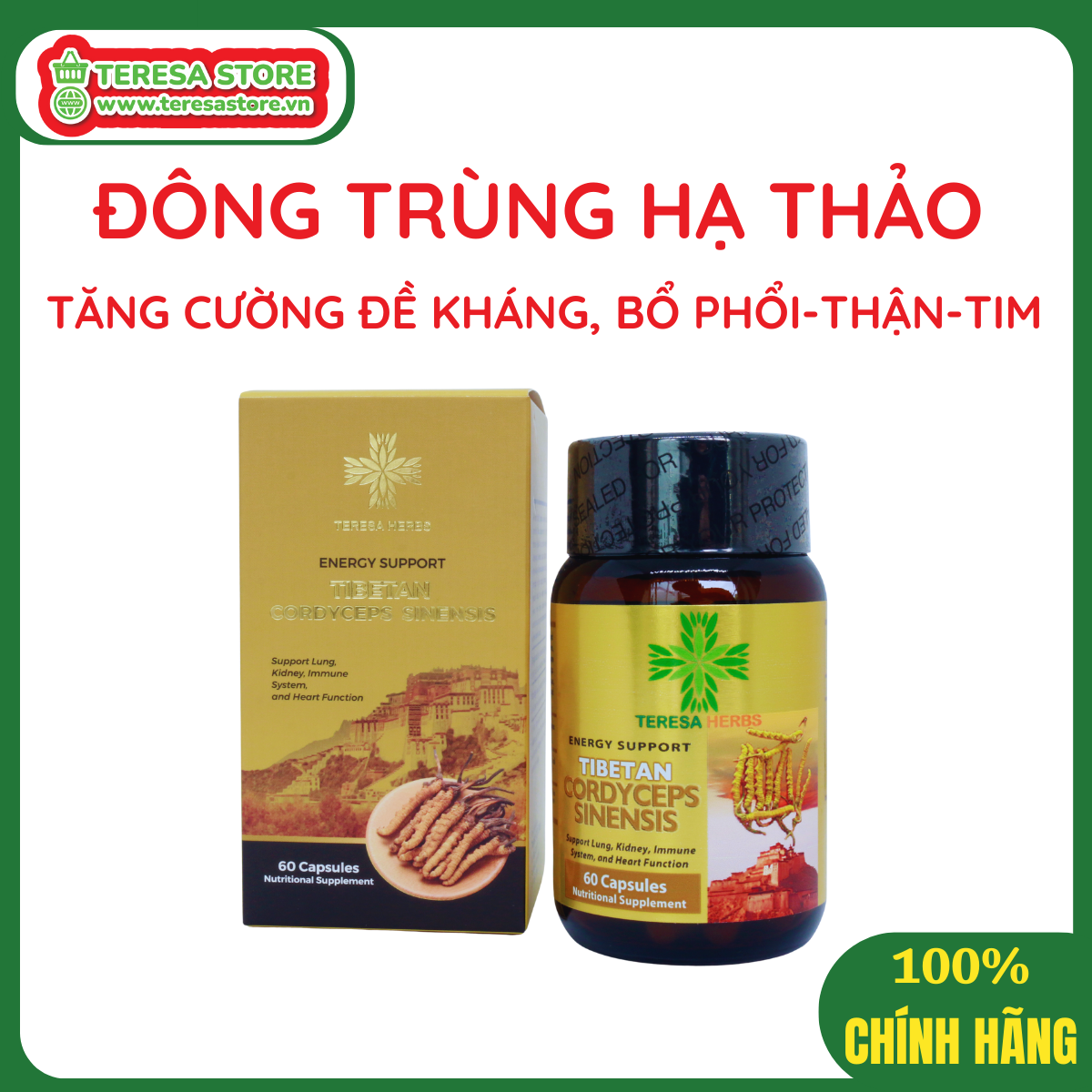 Đông Trùng Hạ Thảo Tây Tạng (Made in USA) - Hoạt chất Polysacharide và Cordycepin/Adenosine cao, giúp tăng đề kháng, hệ miễn dịch nhanh, bổ phổi, bổ thận, ngủ ngon, giảm mệt mỏi, chống lão hóa, tăng cường sinh lý ( 60 Viên 500mg/ viên)