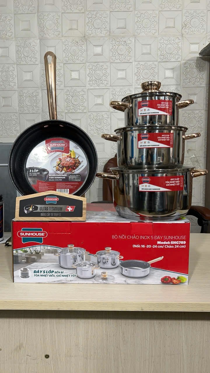 Bộ nồi chảo inox 5 đáy Sunhouse SHG789 - quai chống nóng mạ vàng - Hàng chính hãng