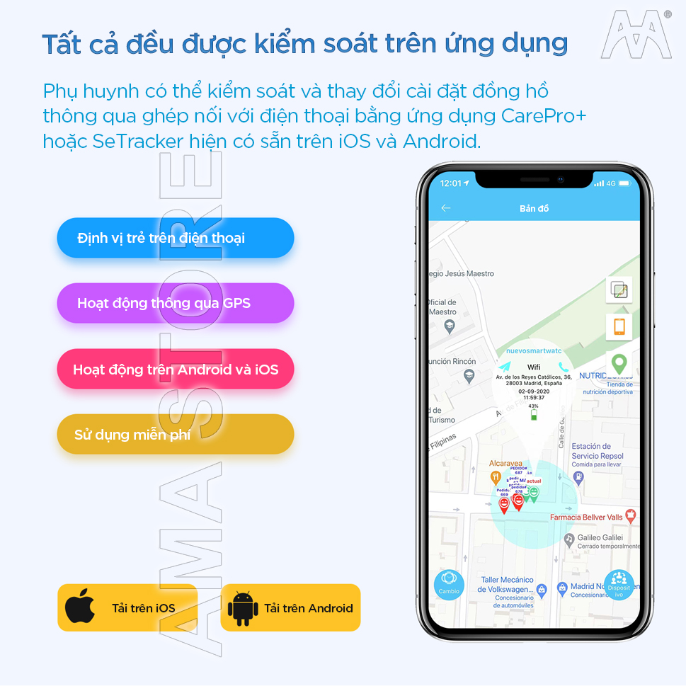 Đồng hồ Trẻ em Thông minh Lắp sim Gọi Video call Chống nước Định vị GPS Wifi AMA Watch LT31 Hàng nhập khẩu