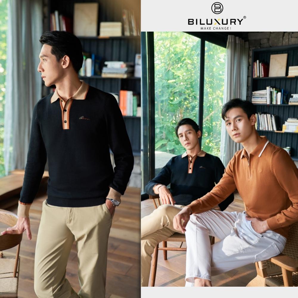 Áo polo dài tay nam Biluxury 6ALPB002 phom ôm vừa phối bo dệt cổ tay áo tạo điểm nhấn mạnh mẽ cá tính