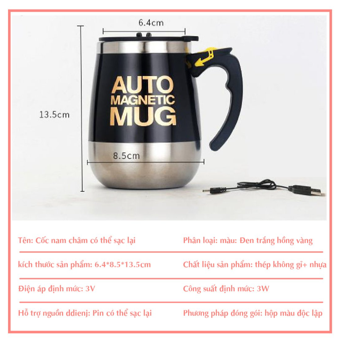 Ly tự khuấy Sạc điện, Cốc pha cafe tự trộn bằng Inox dung tích 400ml