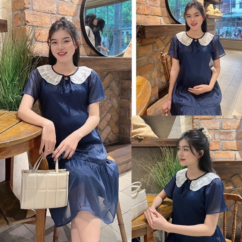 Đầm bầu tiểu thư cổ bèo nhún nhẹ nhàng form đuôi cá trẻ trung chất tơ mềm ( 2 lớp ) - Hồng