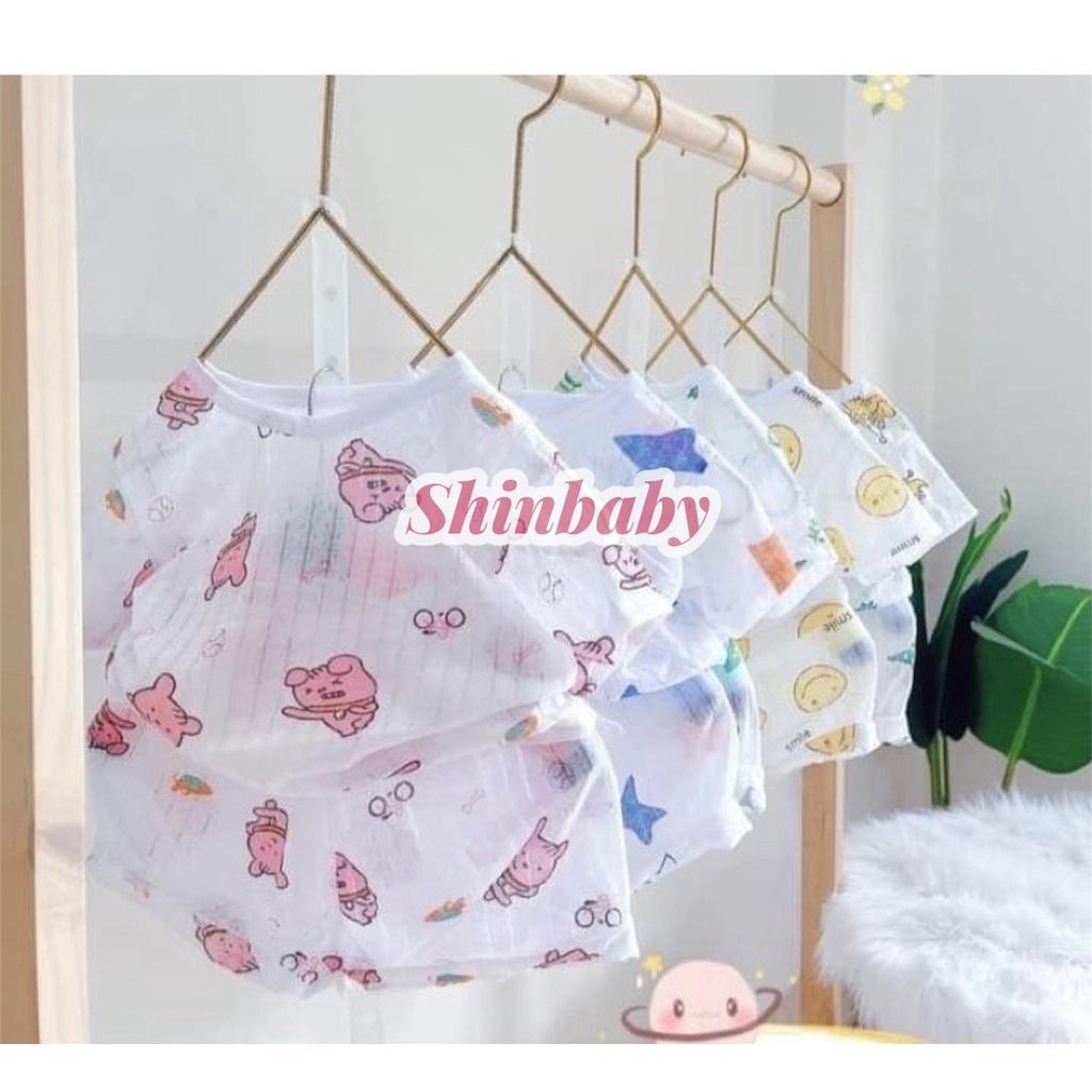 Set 5 bộ cotton giấy cộc tay cài vai mỏng mát cho bé nhiều họa tiết dễ thương