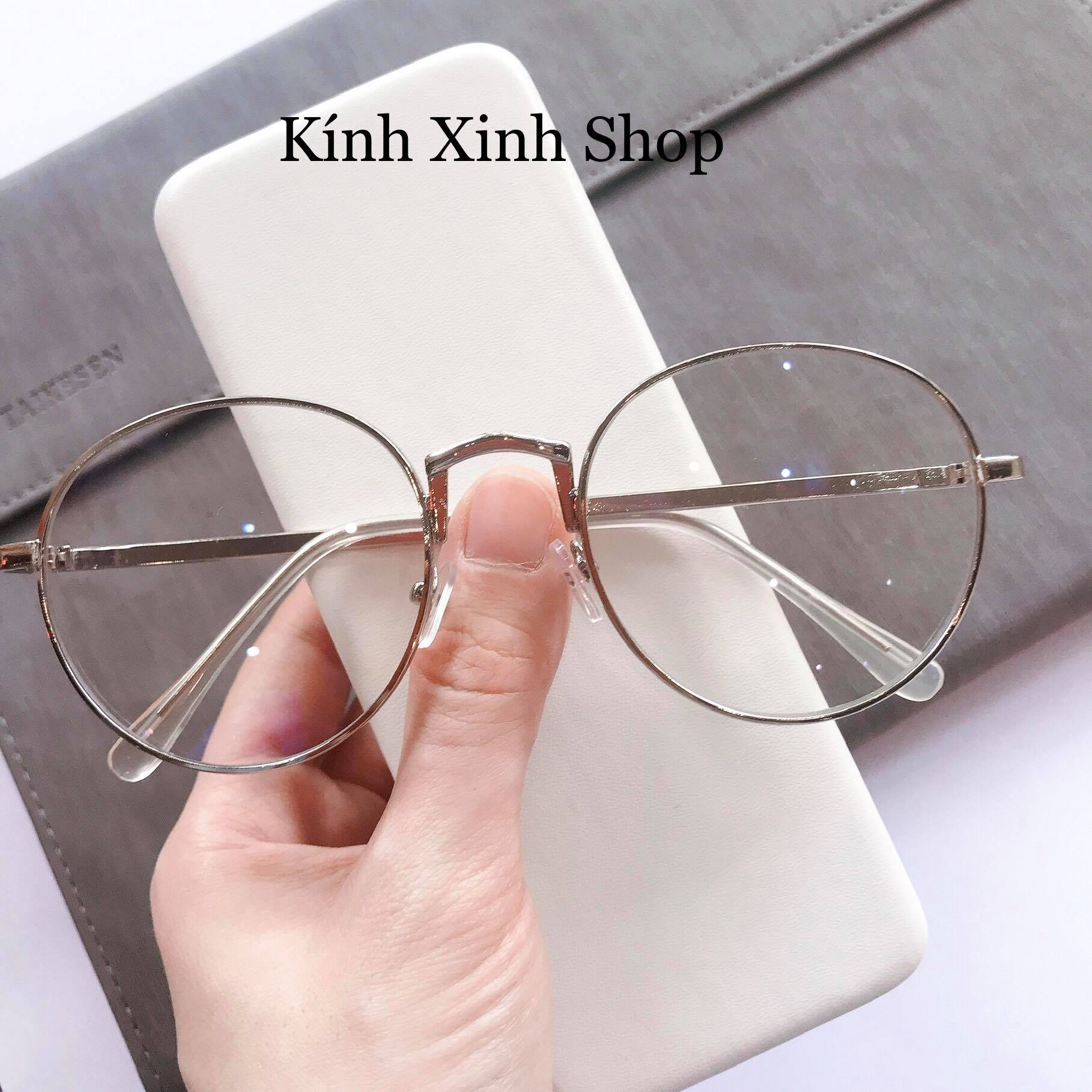 Kính Giả Cận, Gọng Kính Cận Nam Nữ Viền Dày Dáng Tròn Kim Loại Hàn Quốc Chống Ánh Sáng Xanh (Bạc)