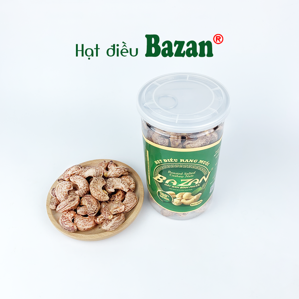 Hạt điều rang muối Bazan Bình Phước nguyên hạt dinh dưỡng A+ loại 1 hộp 400g nắp bật còn vỏ lụa