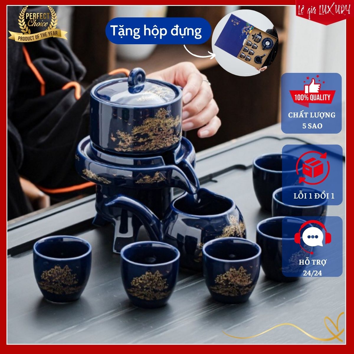 Bộ ấm chén pha trà Cối Xay Xanh Lam - Hàng cao cấp họa tiết vẽ Vàng (bao gồm Hộp Quà+ túi xách đi kèm), Bộ ấm chén trà đạo cao cấp