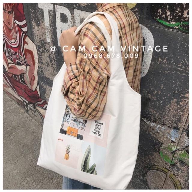 TÚI TOTE VẢI VINTAGE MẶT LÁ XANH MÁT