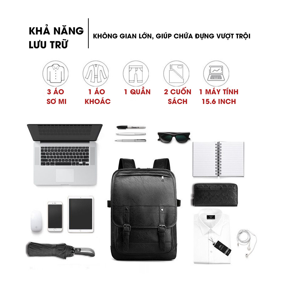 Balo Đi Học Da Chống Nước Cao Cấp Thời Trang Rẻ Đẹp Nhẹ Da Đen Đựng Laptop Đi Chơi Du Lịch Nam Nữ-DRU BL015-hàng chính hãng