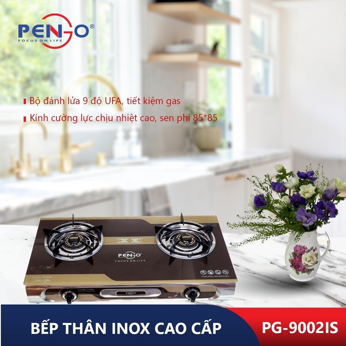 Bếp ga đôi mặt kính Pengo PG-9002IS( hàng chính hãng)