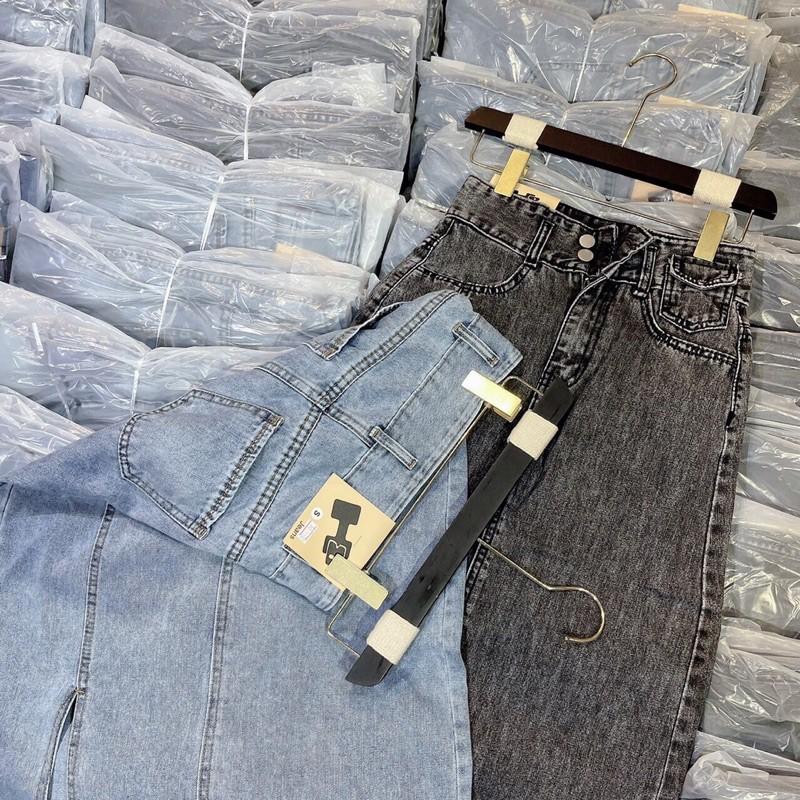 Chân váy Jean xẻ lệch cạp cao tôn dáng