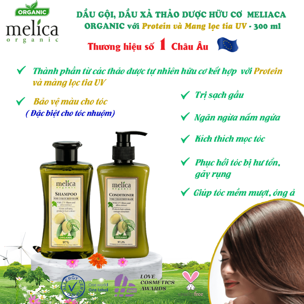 Cặp gội xả thảo dược hữu cơ cho tóc nhuộm, tóc xơ rối, chẻ ngọn, nhiều gàu Melica Organic 300ml Olive &amp; màng lọc UV