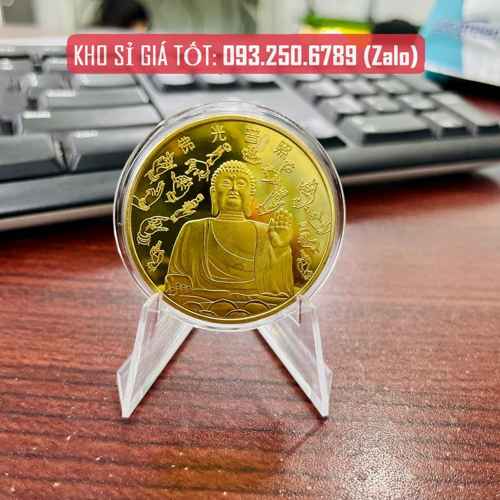 Đồng Xu Đức Phật, Phật Tổ Như Lai Mạ Vàng Quà Tặng Bình An May Mắn, mẫu NGỒI, tặng túi gấm đỏ - NELI - RƯỚC LỘC XUÂN