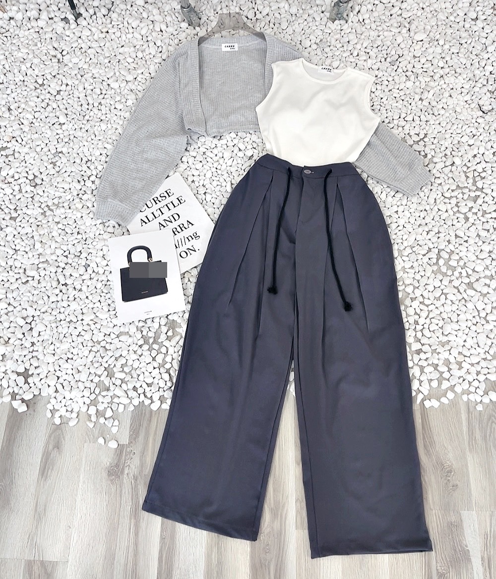 SET QUẦN DÀI ỐNG RỘNG LƯNG CAO SUÔNG TRƠN + ÁO KHOÁC LƯỚI LỬNG CARDIGAN TAY DÀI + ÁO CROPTOP 3 LỖ DẠO PHỐ ĐI CHƠI ĐI BIỂN ĐI TIỆC