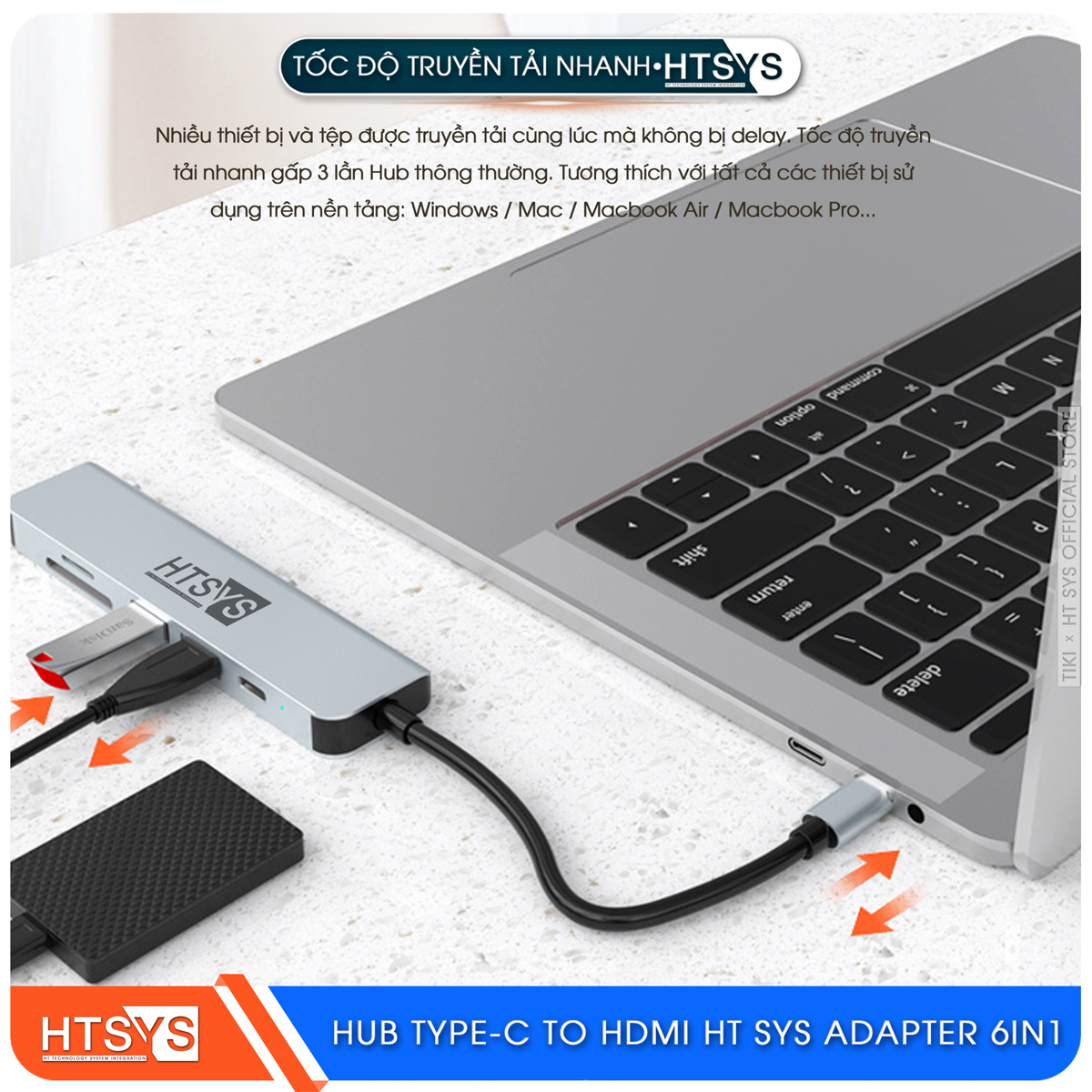 Hub Type C HT SYS 6 in 1 To HDMI, USB 3.0, SD, TF, PD 100W - Hàng Chính Hãng