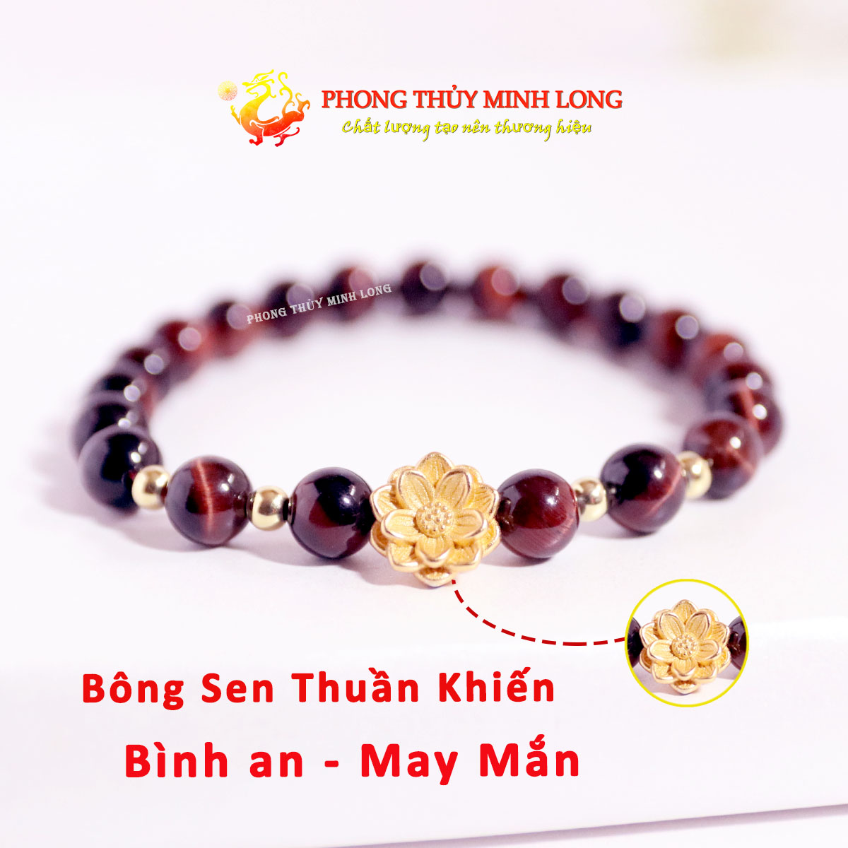Vòng tay đá mắt hổ đỏ nâu mix bông sen vàng