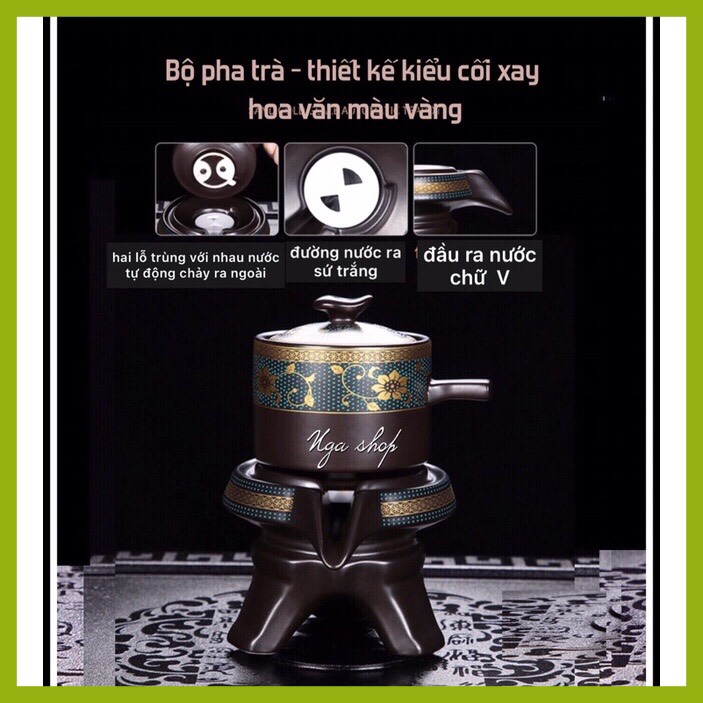 Bộ ấm chén pha trà đẹp Cối xay gốm sứ cao cấp,Bộ chén uống trà đạo 18 chi tiết hoa cẩm xanh lòng chén trắng