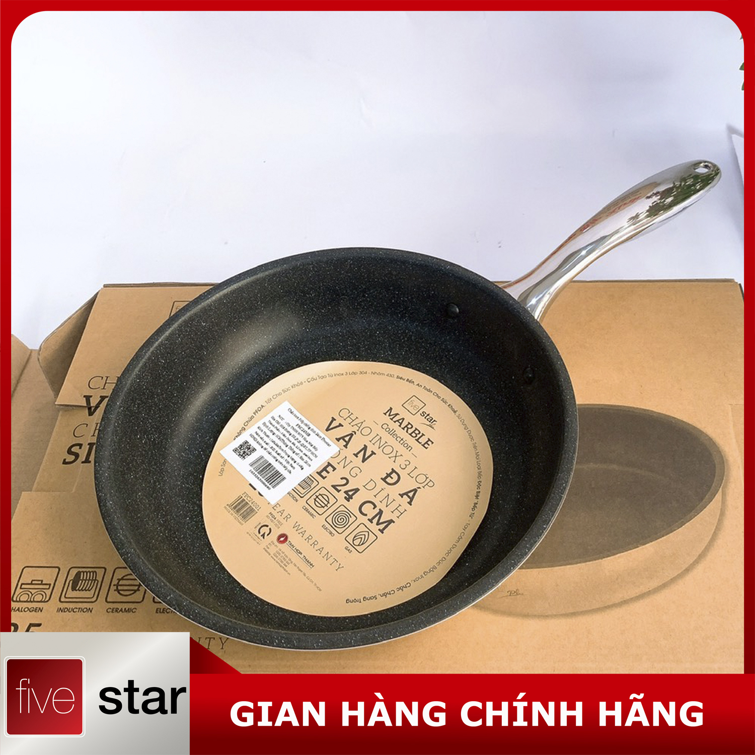 Bộ nồi và chảo chống dính vân đá inox 304 cao cấp Fivestar Plus 5 món nắp kính , tặng 1 vá canh