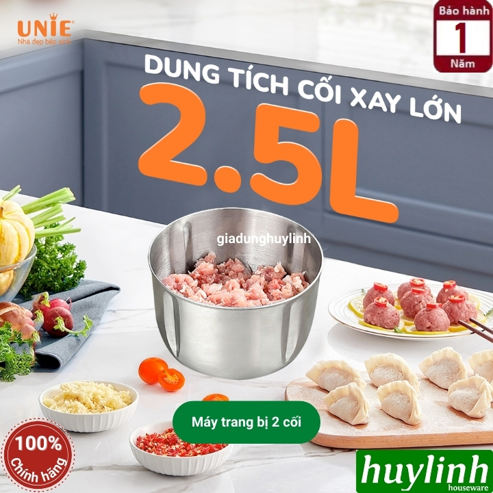 Máy xay thịt - thực phẩm Unie UE-226 - 2 cối inox 2.5 lít + dụng cụ bóc tỏi - Hàng chính hãng